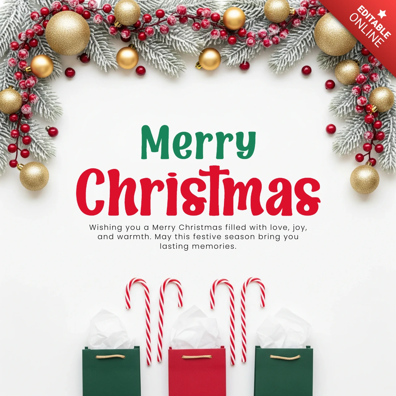Weihnachtskarten-Girlande mit Ornamenten und Geschenktüten, die das fröhliche Weihnachts- und Glücksbotschaftsdesign umgeben.