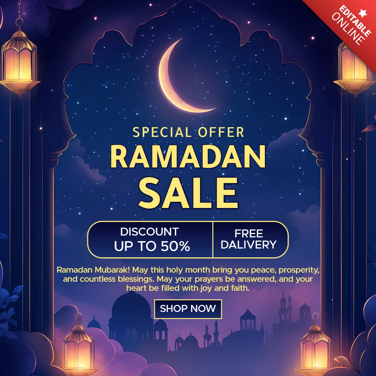 Design elegante de modelo de venda do Ramadã com lanternas e céu noturno