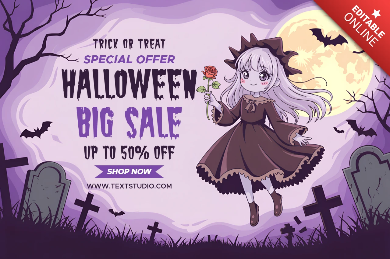 アニメのハロウィンテーマのデザインテンプレート、プロモーション用フライヤーのためのかわいいキャラクター付き