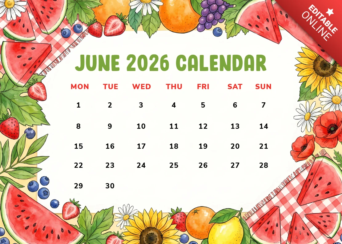 2026年6月の月間カレンダー、スイカ、柑橘類、夏のピクニック要素付き