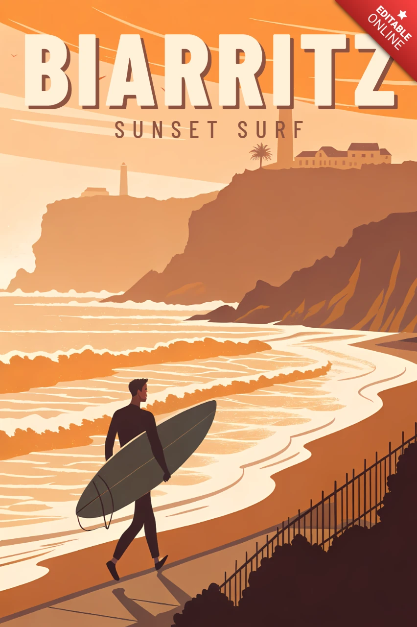 Template de design para pôster de surf ao pôr do sol em Biarritz