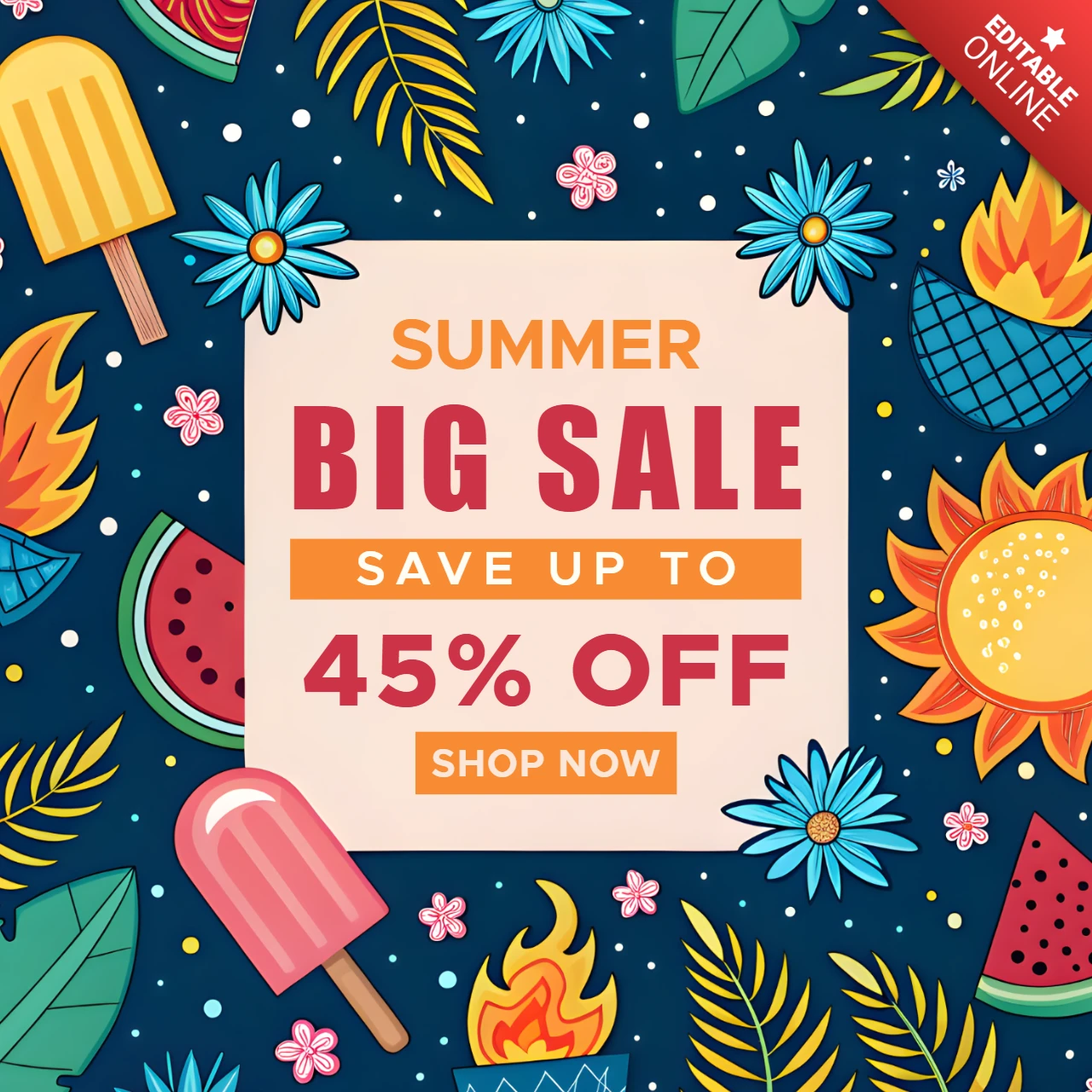 Cartoonish Summertime Promotional Template with Tropical Elements