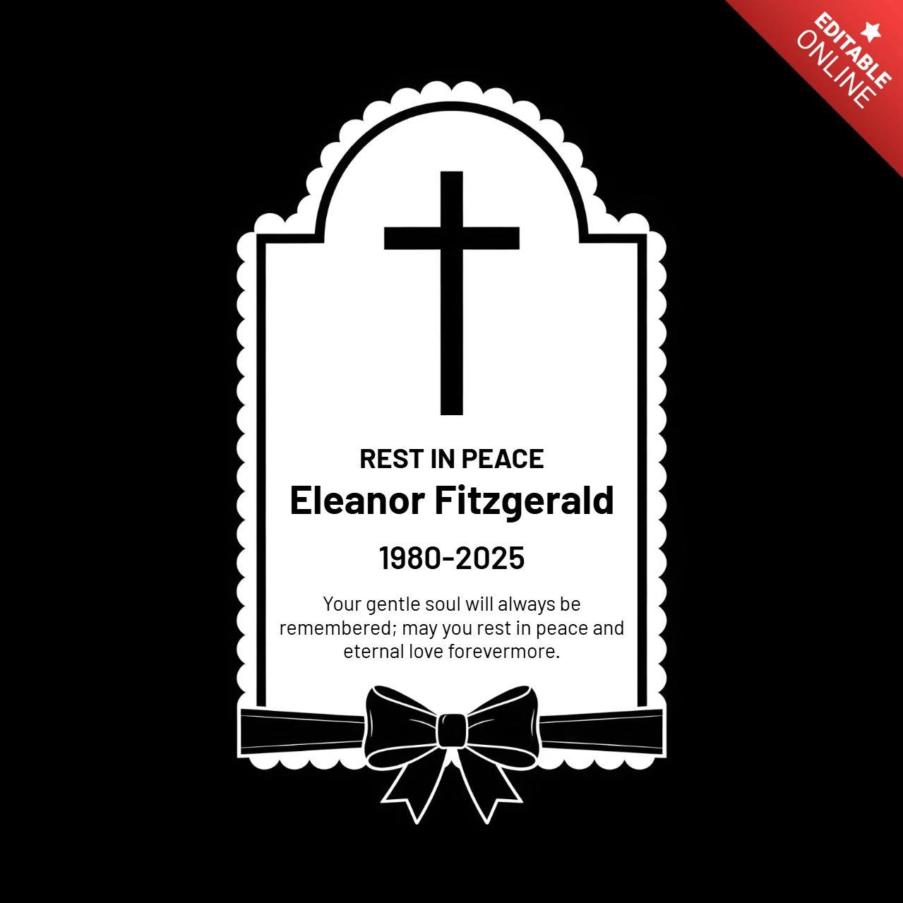 Descanse en paz cartel elegante estilo lápida con acento de lazo y plantilla de diseño de texto de simpatía.