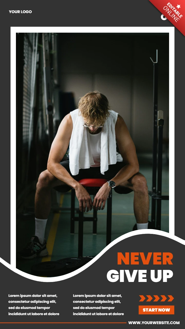 Never give up motivational gym instagram story post design template