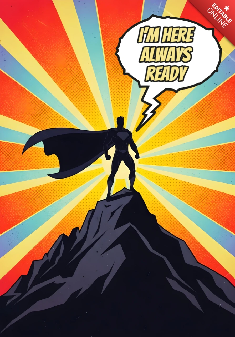 Sono qui, sempre pronto, silhouette di supereroe sulla montagna con raggi radianti, template di design per poster.
