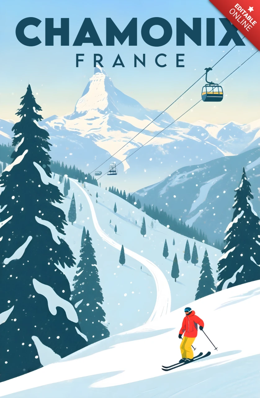 Template di design per poster dell'avventura sciistica a Chamonix, Francia