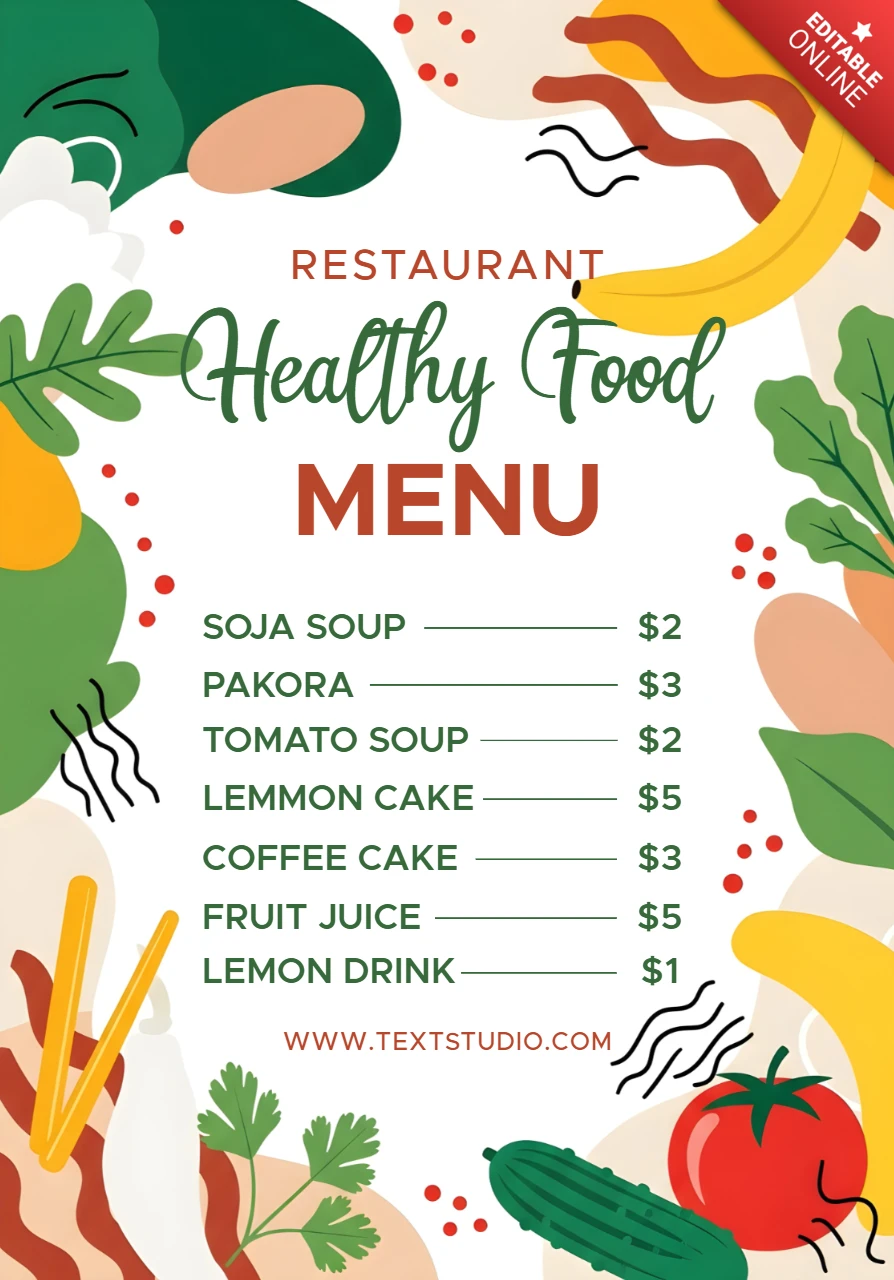 Plantilla de diseño de menú de comida saludable colorida para restaurantes
