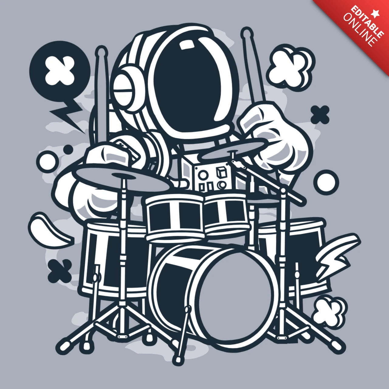 Astronaut drummer stripfiguur poster ontwerpsjabloon