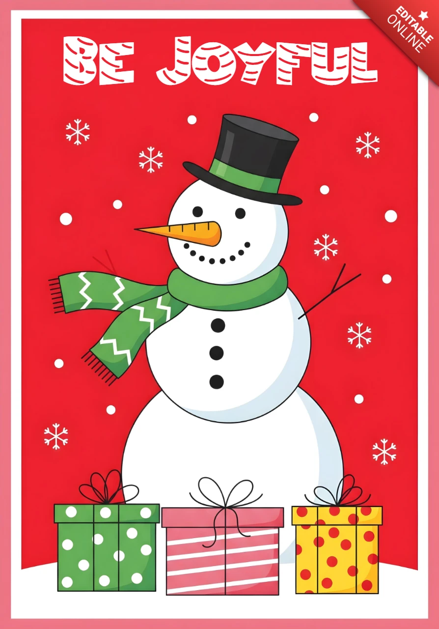 赤い背景にプレゼントと雪の結晶を持ったクリスマスグリーティングカードの雪だるま、喜びのメッセージ付き