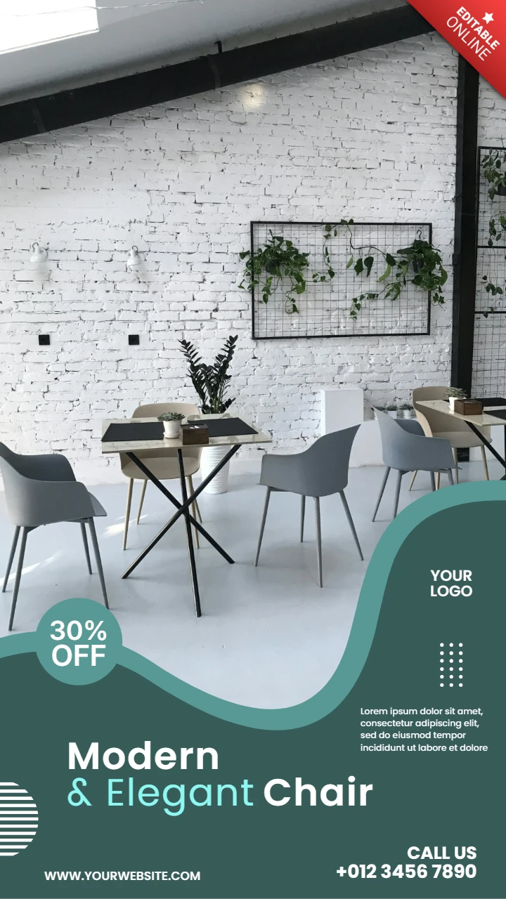 Design de cadeira moderna e elegante para modelo de folheto promocional com onda verde.