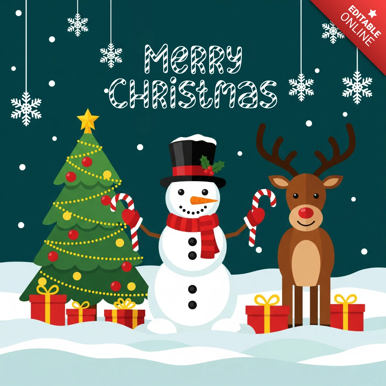 Weihnachtsgruß mit Weihnachtsmann, Schneemann und Rentieren mit Zuckerstangen und dekoriertem Baum im verschneiten Wald Plakatdesign-Vorlage