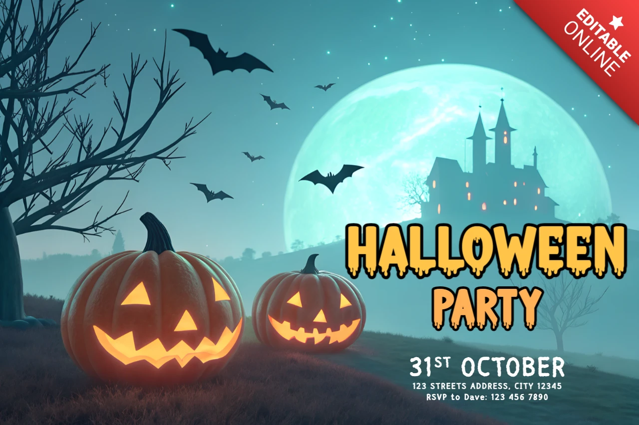 Spooky Halloween Party Invitation Template with Pumpkins and Bats Design
