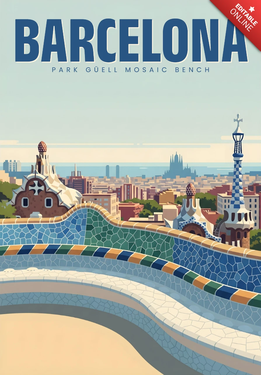 Plakat podróżny z projektem Park Güell, mozaikowa ławka, bajkowe dachy i widok na Sagradę w Barcelonie