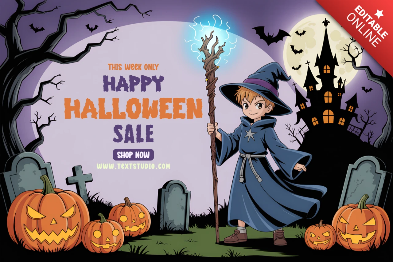 Spooky Manga Halloween-Verkauf Designvorlage mit Zauberer und Kürbissen für Werbeflyer