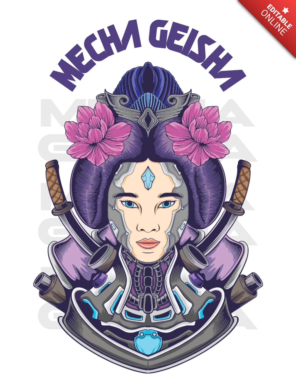Mecha geisha futuristische cyber-geisha met florale accenten en gekruiste katana t-shirt ontwerpsjabloon