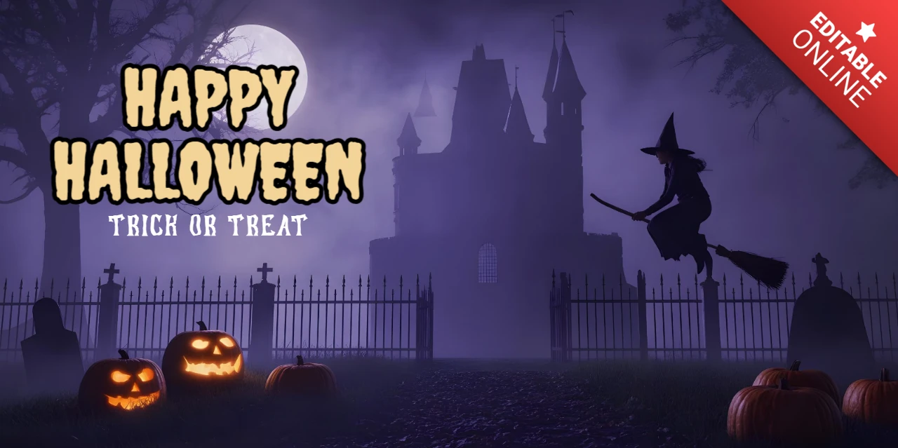 Feliz Halloween, abóboras iluminadas, cemitério enevoado e silhueta de bruxa, modelo de capa para YouTube