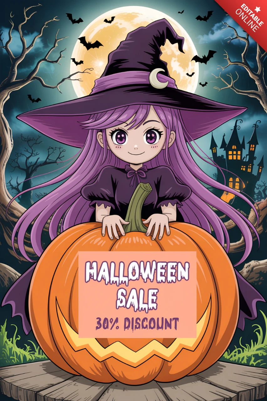 可愛らしい魔女とカボチャのデザインの風変わりなハロウィンセールフライヤーテンプレート