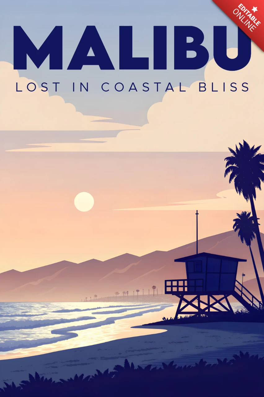Coastal Bliss Retro Flat Design for Malibu Souvenir Poster and Merch