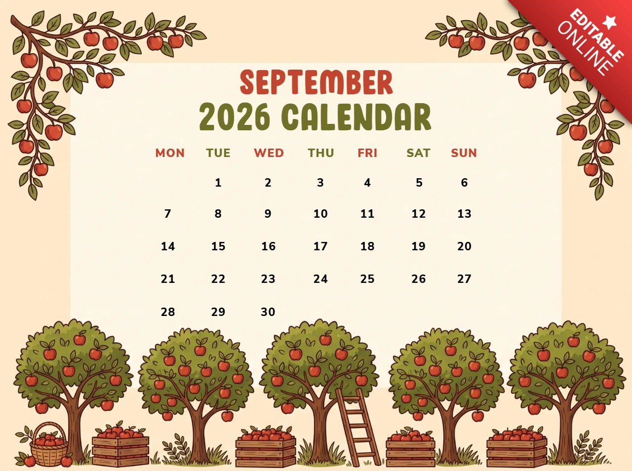 September 2026 calendar page with a cute apple orchard theme featuring red fruit trees and a wooden ladder for a harvest season design