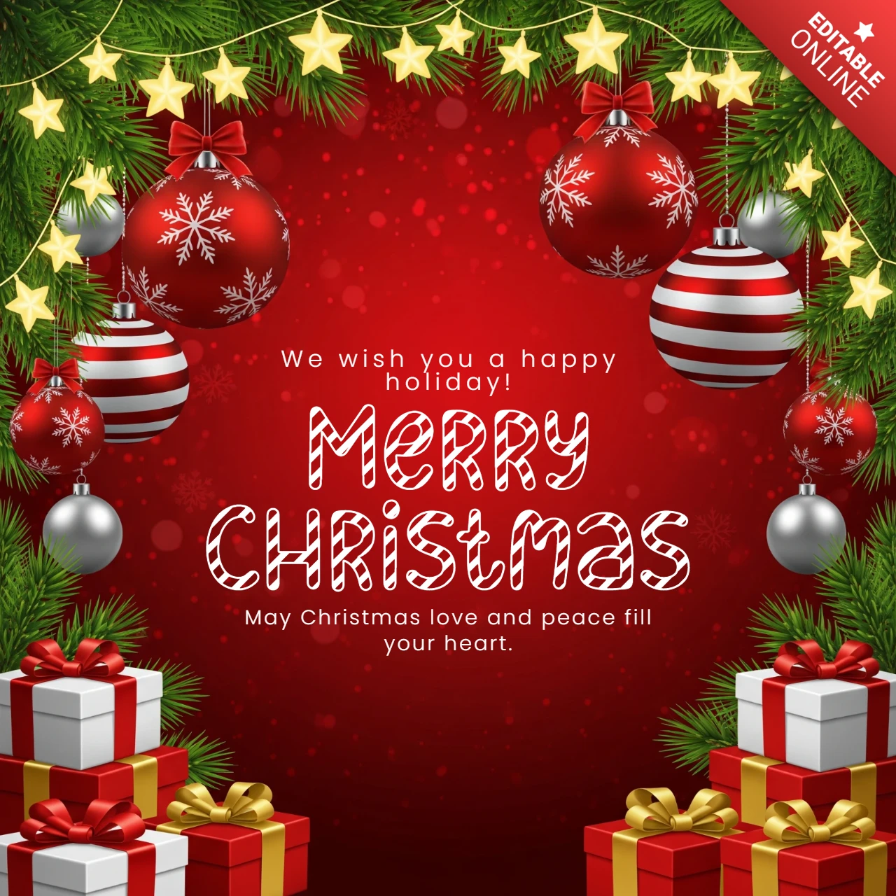 Guirnalda elegante con luces de estrella y regalos enmarcando un diseño de deseos de Feliz Navidad y amor.