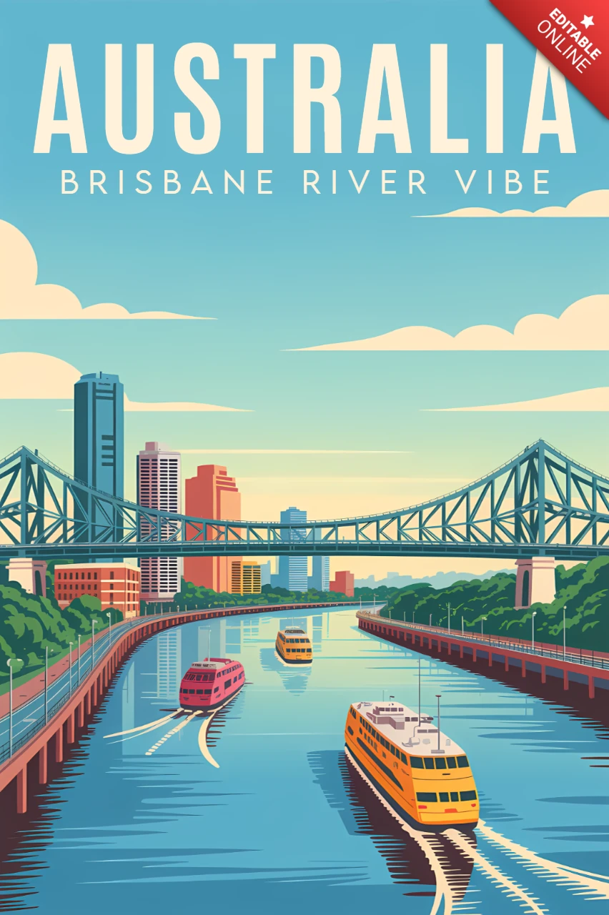 Plantilla de diseño retro de la vibra del río Brisbane para cartel de viaje