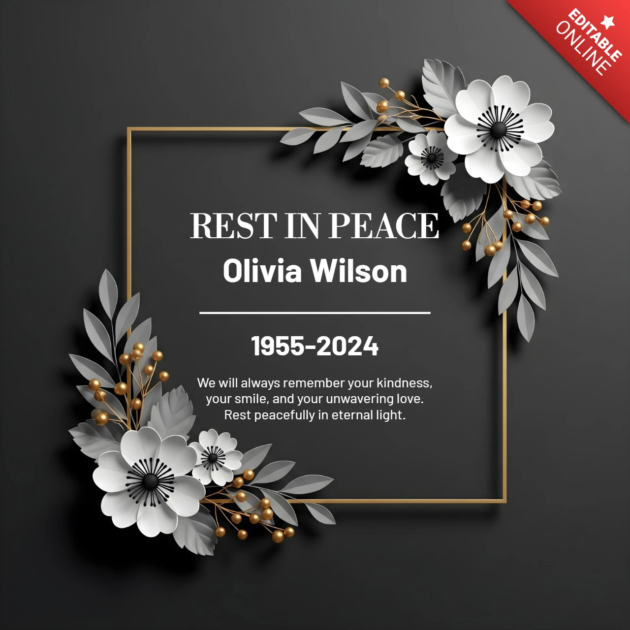 Erinnerungsposter mit dunklem Hintergrund, floralen Ecken und goldenem Rahmen, RIP Tribut Designvorlage