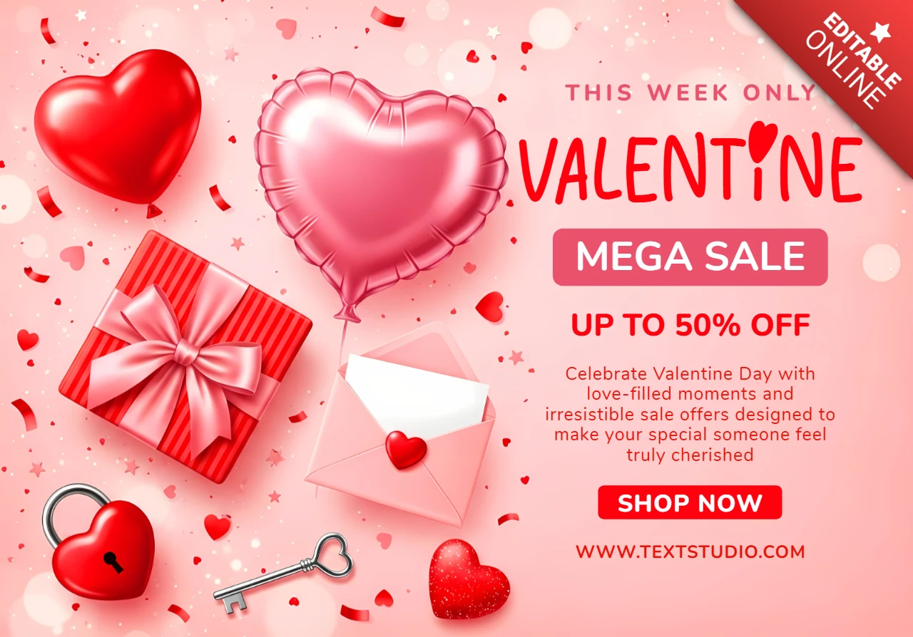 Valentinstag Verkaufsdesignvorlage mit Herzballons und Geschenkkartons für Werbeflyer