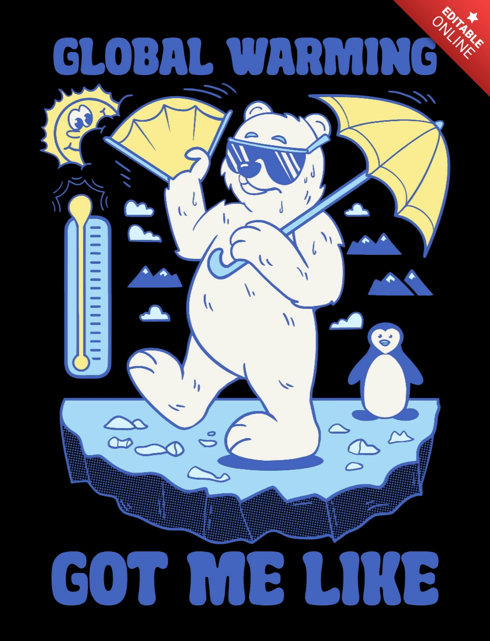 Il riscaldamento globale mi fa pensare a un modello di design per t-shirt sulla consapevolezza climatica in stile cartone animato.