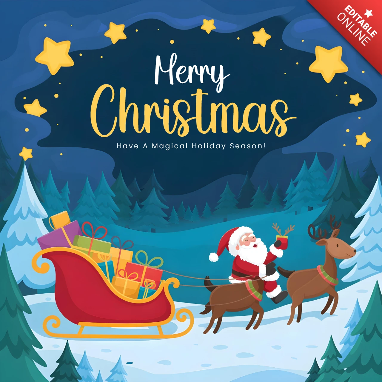 Urlaubszeit Plakat Weihnachtsmann und Rentier in einer verschneiten Waldszene mit Sternen und magischer Weihnachtsbotschaft Designvorlage
