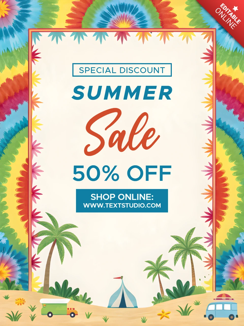 Plantilla de diseño de venta de verano hippie vibrante con estilo de teñido tropical.