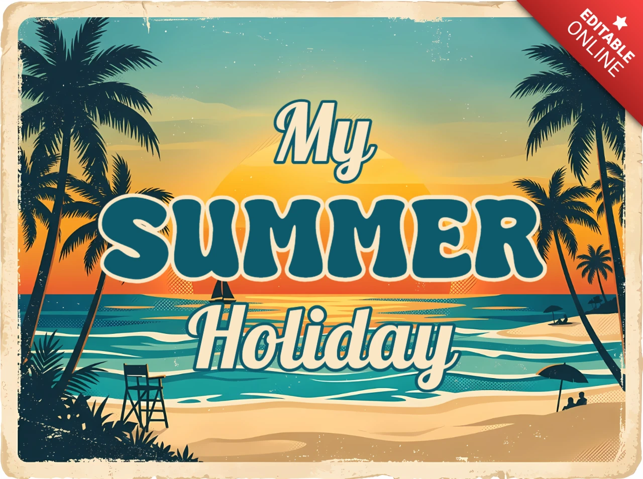Retro Tropical Summer Holiday Greeting Card with Palm Trees, Beach and Ocean Sunset