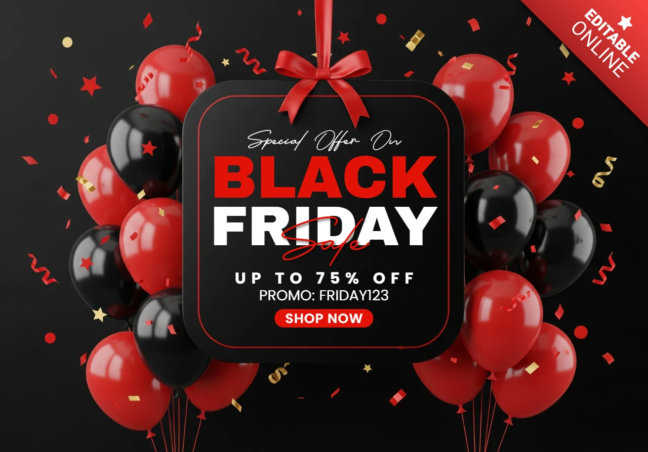 Diseño de venta festiva de Black Friday, celebración con confeti y plantilla de letrero central de oferta para volantes promocionales.