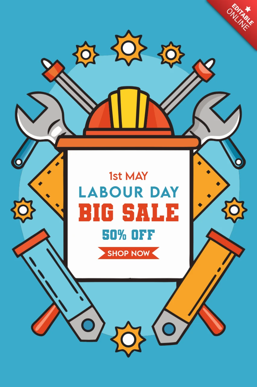 Labour Day Sale Design Template - Colorful Cartoon Style with Tools