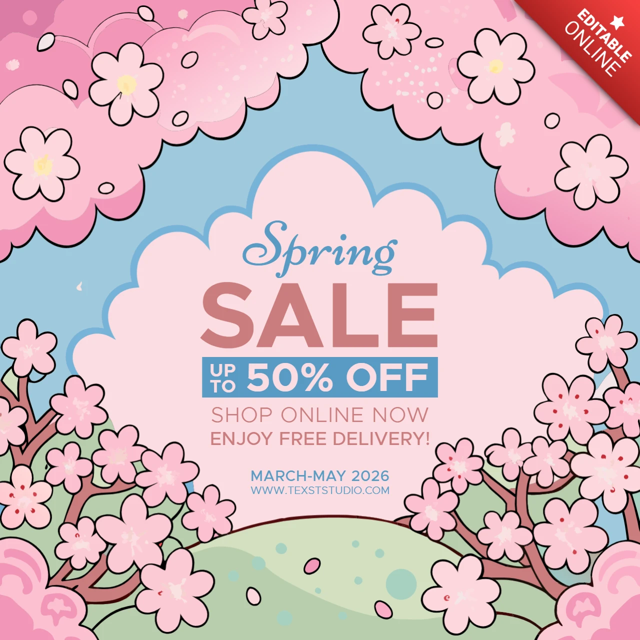 Spring Floral Sale Design Template - Editable Cute Cartoon Style