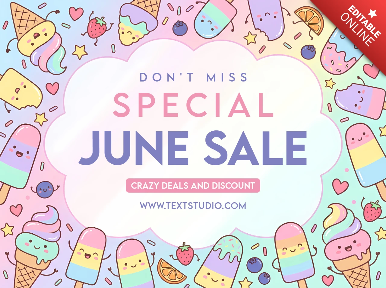 Banner promocional de venta de junio con ilustraciones lindas kawaii de helados y postres
