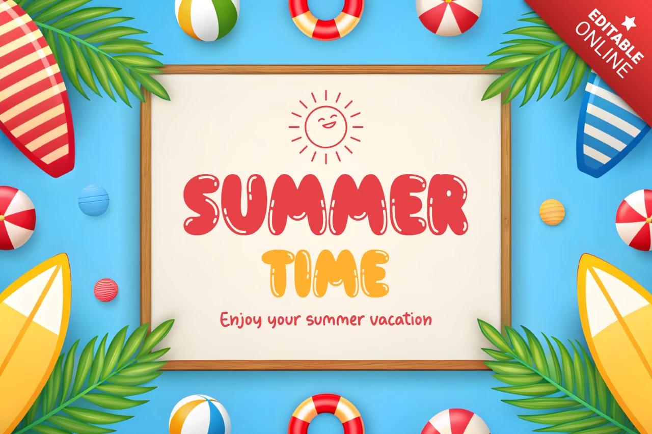 Summer Time Fun Design Template with Surfboards and Swimming Pool Elements