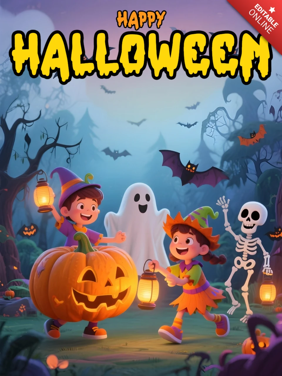 Spooky Halloween Decor Wizard & Pumpkin Children with Ghostly Friends Under Full Moon Sky Design Template for Festive Flyers