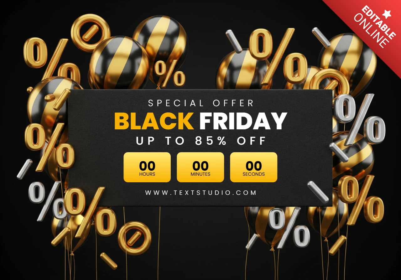 Conception de vente de Black Friday de luxe, célébration de ballons noirs et dorés avec visuels de compte à rebours, modèle pour flyers promotionnels.