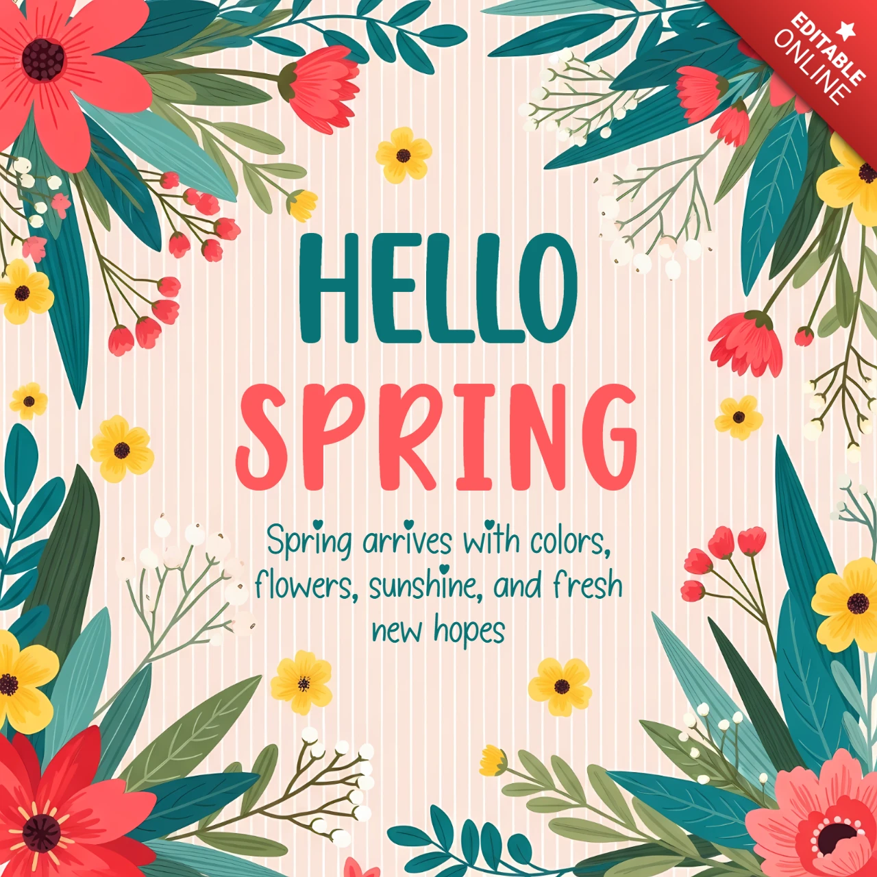 Floral Spring Greeting Card Design Template with Colorful Flowers and Sunshine