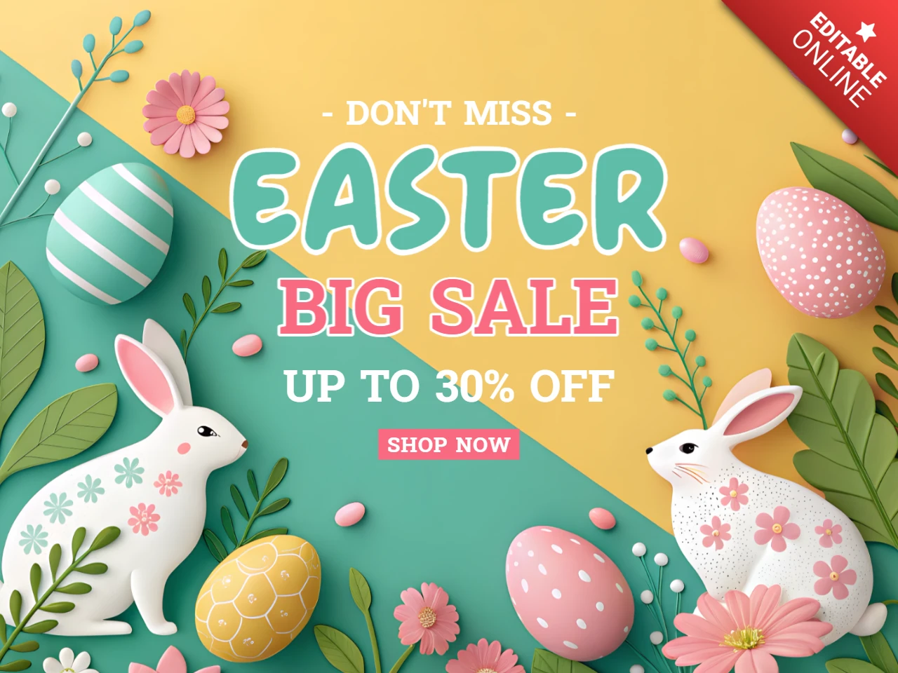 Colorful Easter Sale Design Template with 3D Bunnies and Floral Elements