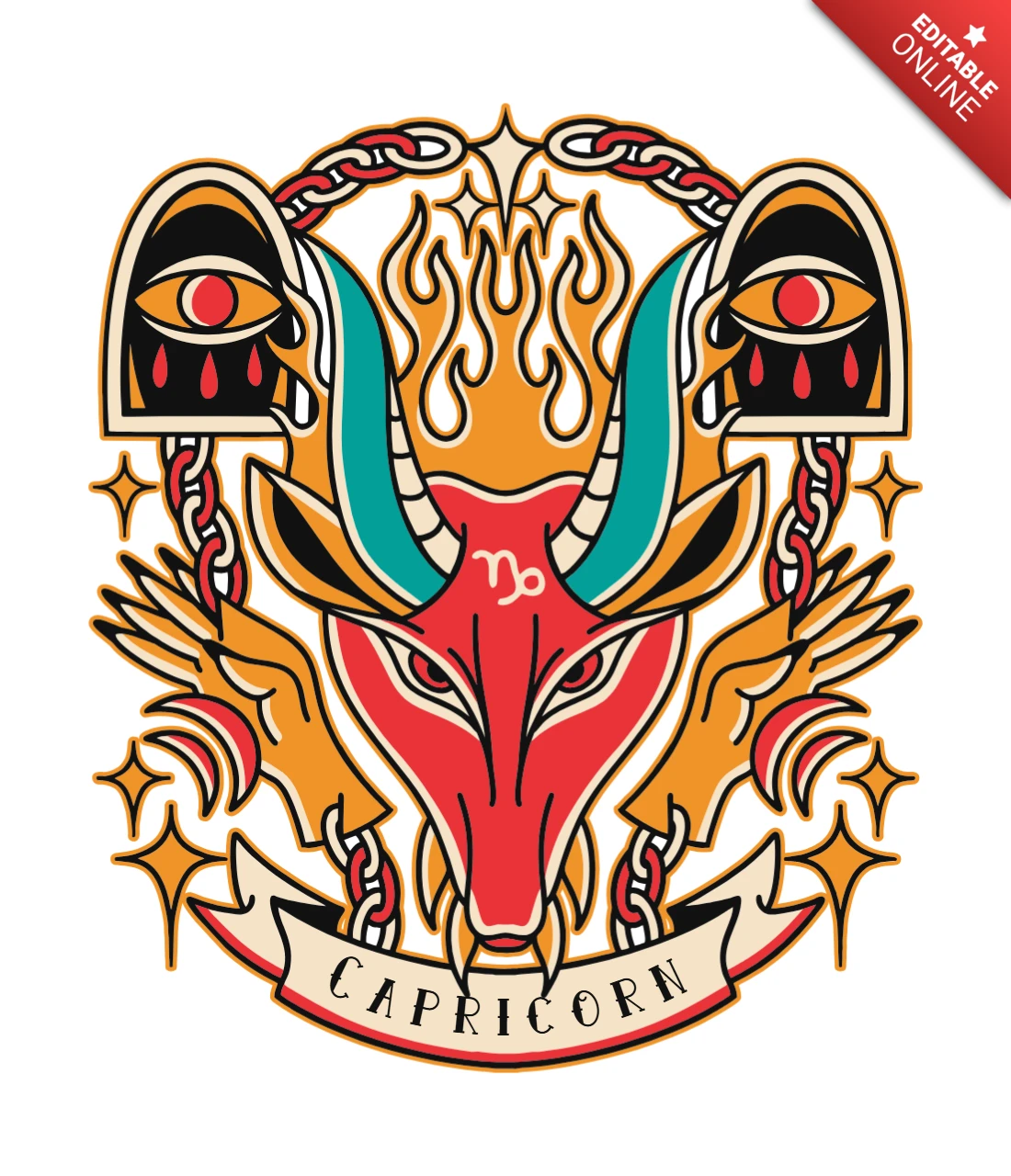 Plantilla de diseño del zodiaco de Capricornio con un estilo ilustrativo audaz.
