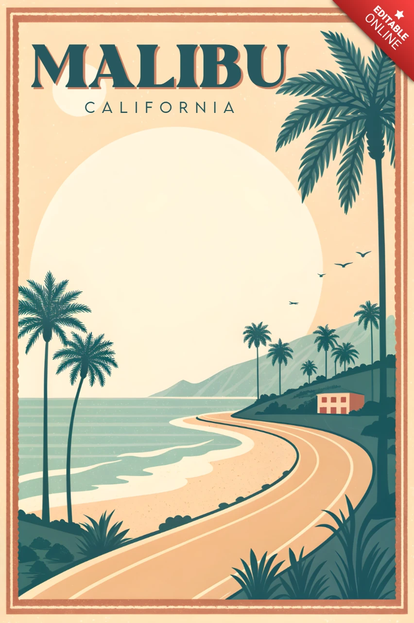 Retro flat Malibu ontwerp voor Californië reisposter sjabloon