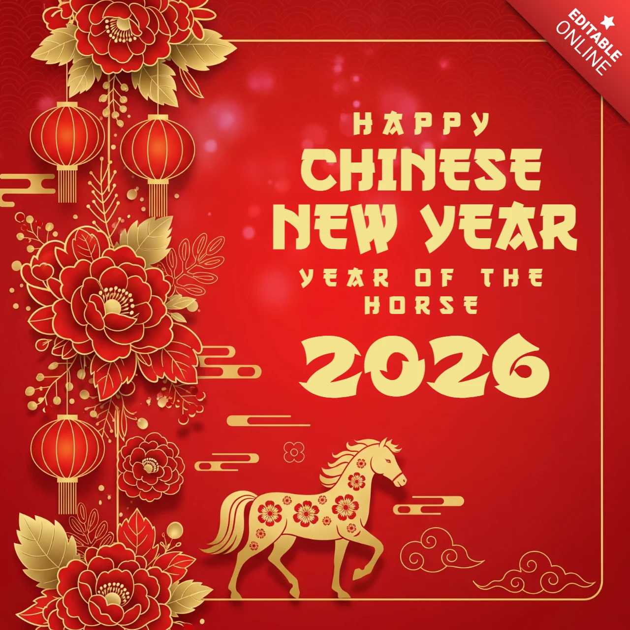 Póster del Año Nuevo Chino 2026, Año del Caballo, con caballo dorado floral y faroles.