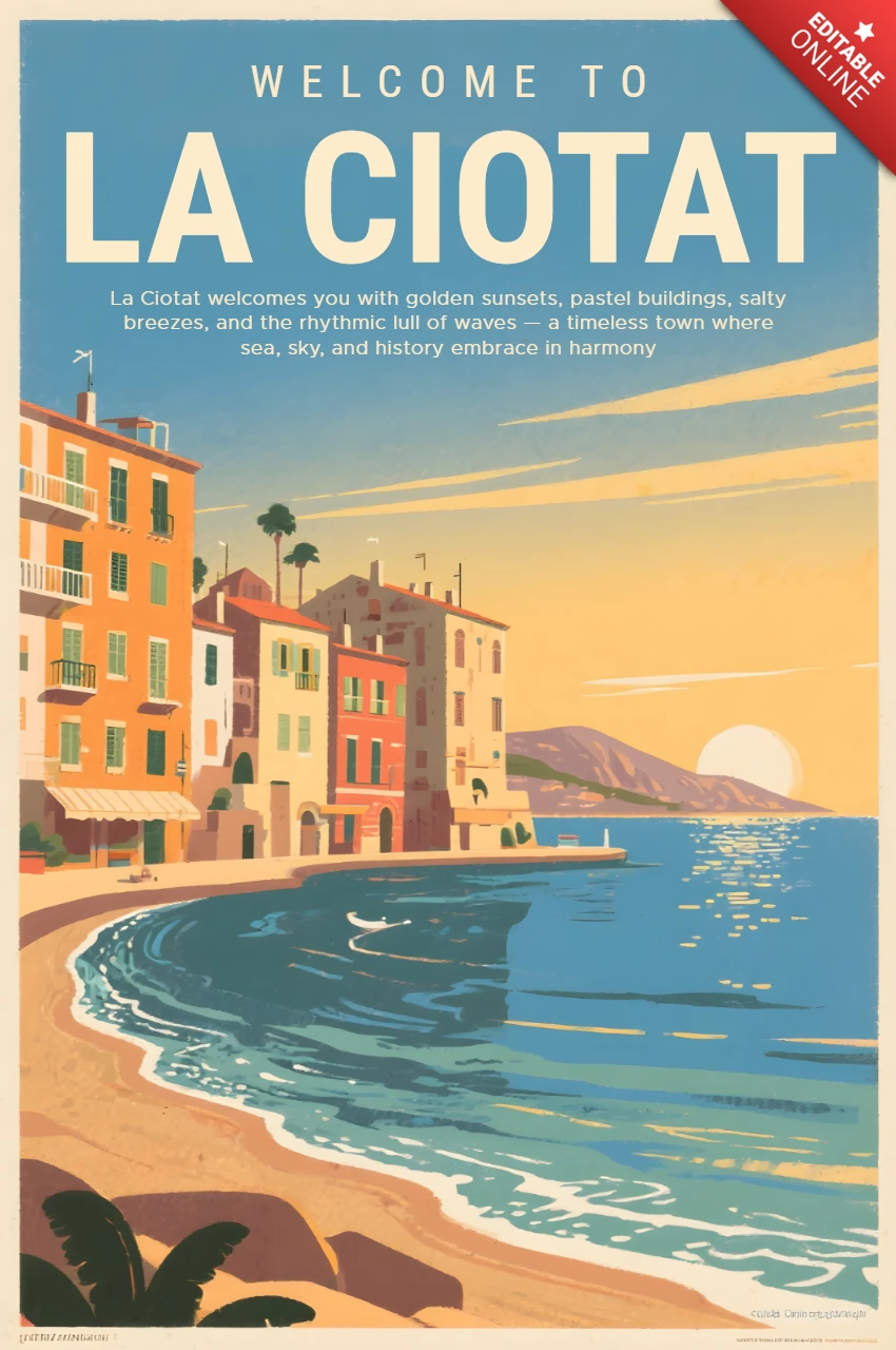 Plantilla de diseño costero vintage para carteles de viaje con La Ciotat