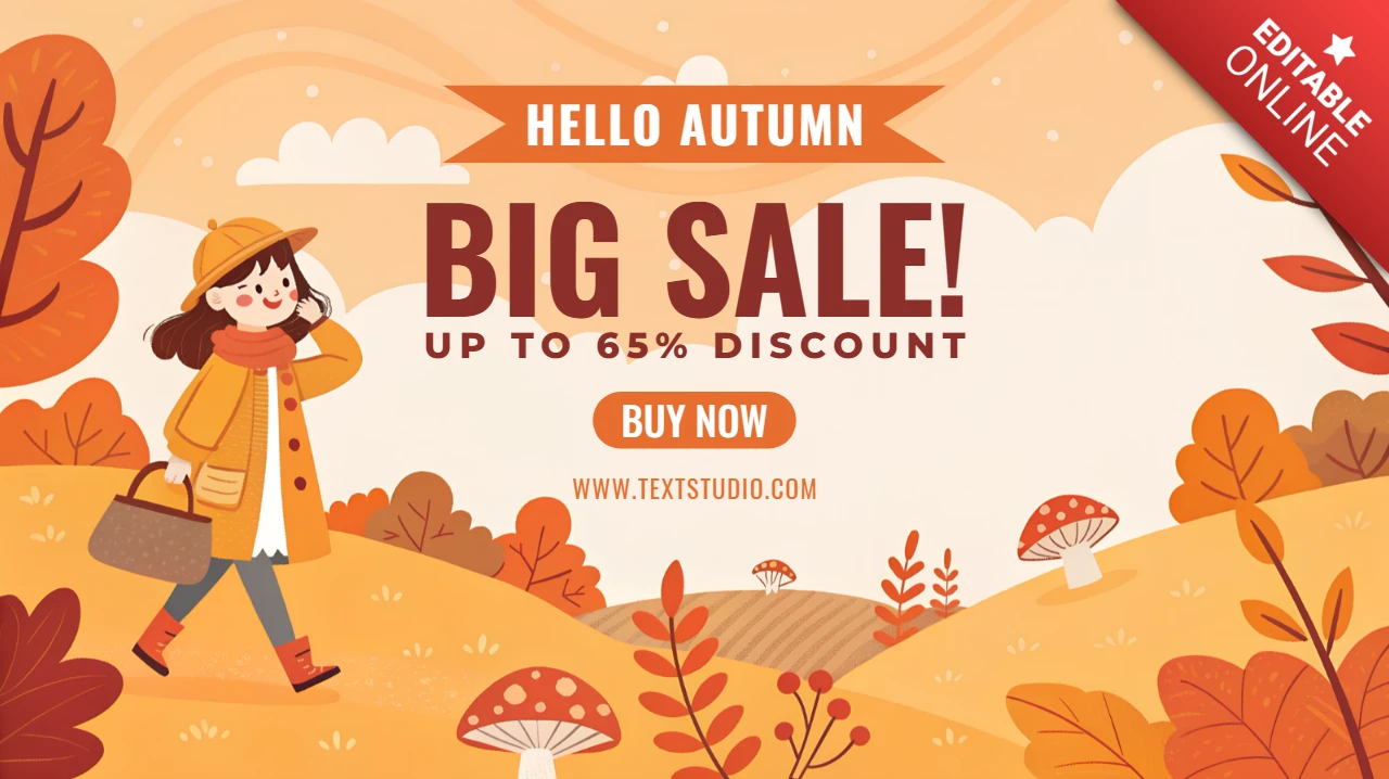 Autumn Sale Promotion Template with Whimsical Character and Nature Elements