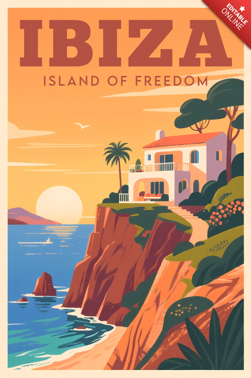 Retro Flat Ibiza Landscape Design Template for Travel Posters