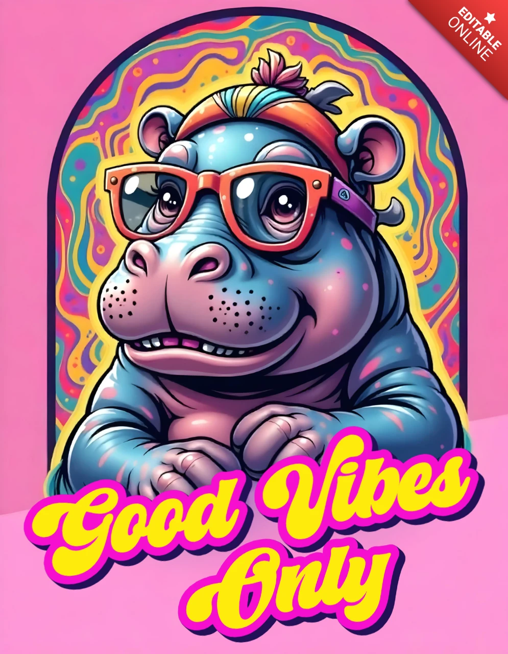 Funky hipopótamo con gafas buenas vibraciones sólo plantilla de diseño de carteles