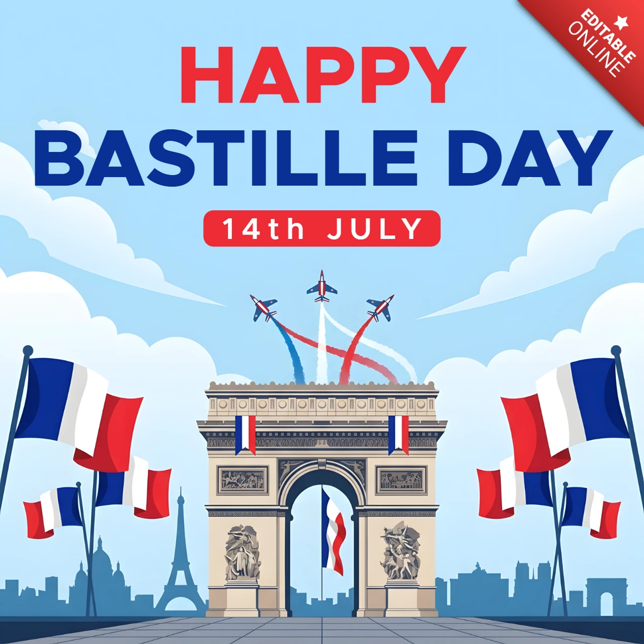 Carte de vœux pour le 14 juillet avec l'Arc de Triomphe, drapeaux français et éléments de célébration patriotique