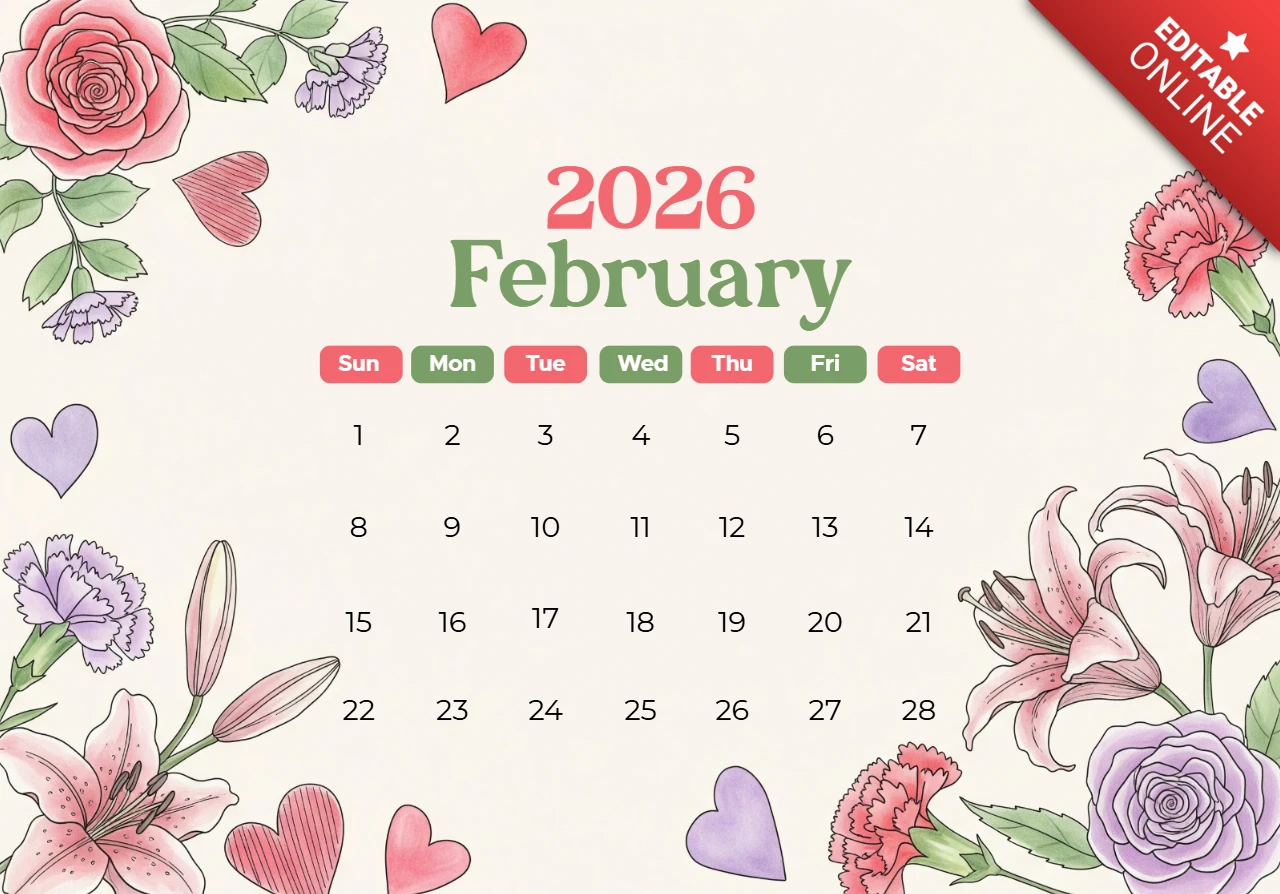 Affiche de calendrier février 2026 édition pastel Saint-Valentin en script élégant et accents botaniques.