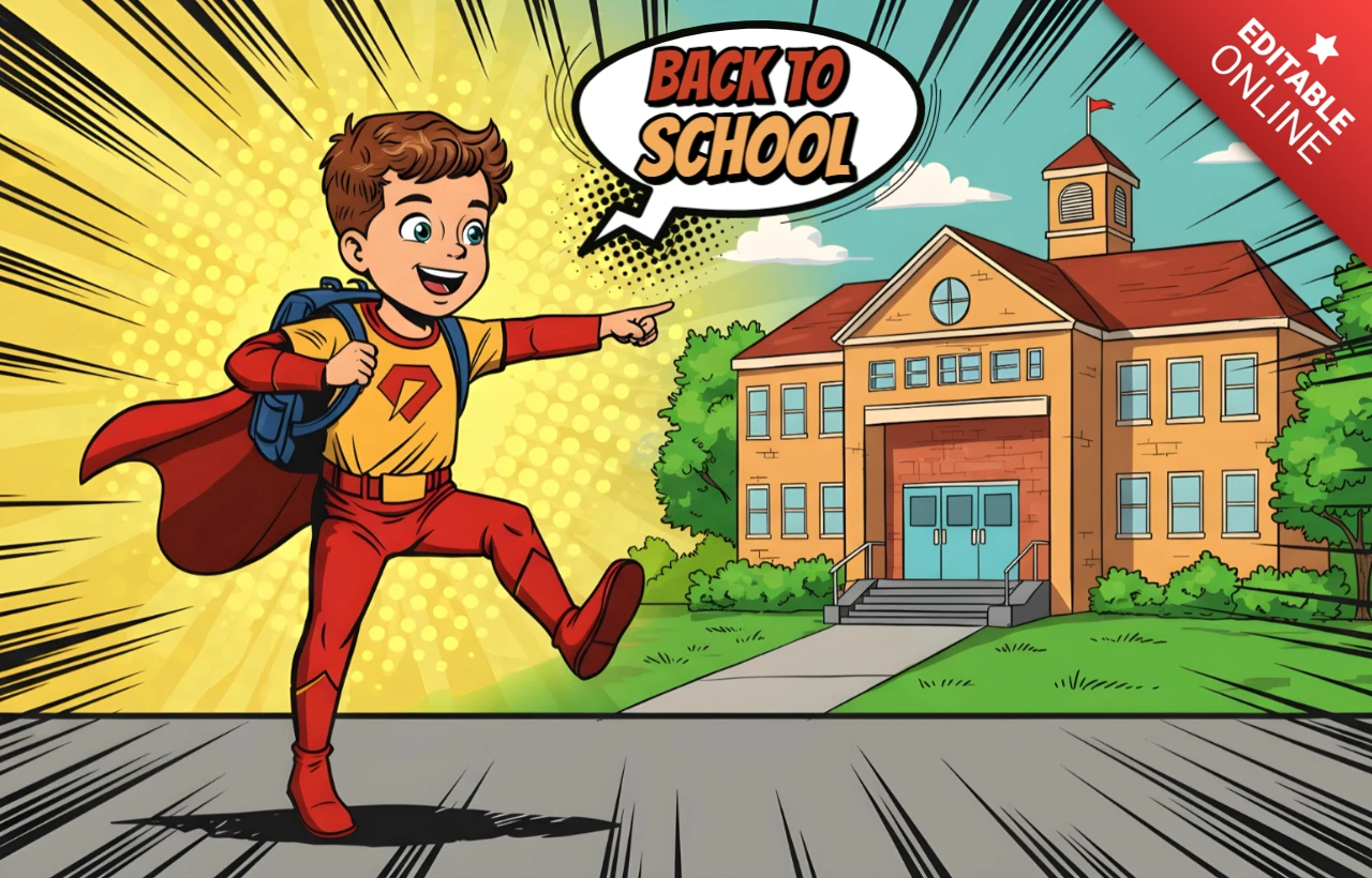 Super-herói estudante de volta às aulas apontando para a escola com capa vermelha e design de pôster de edifício de tijolos.